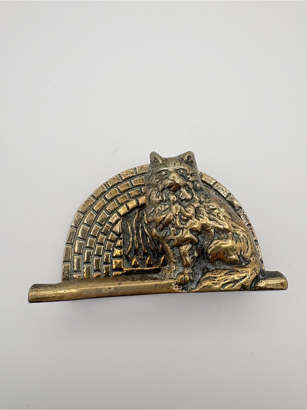 Vintage Solid Brass Cat Sitting by Fireplace Letter Rack Organizer